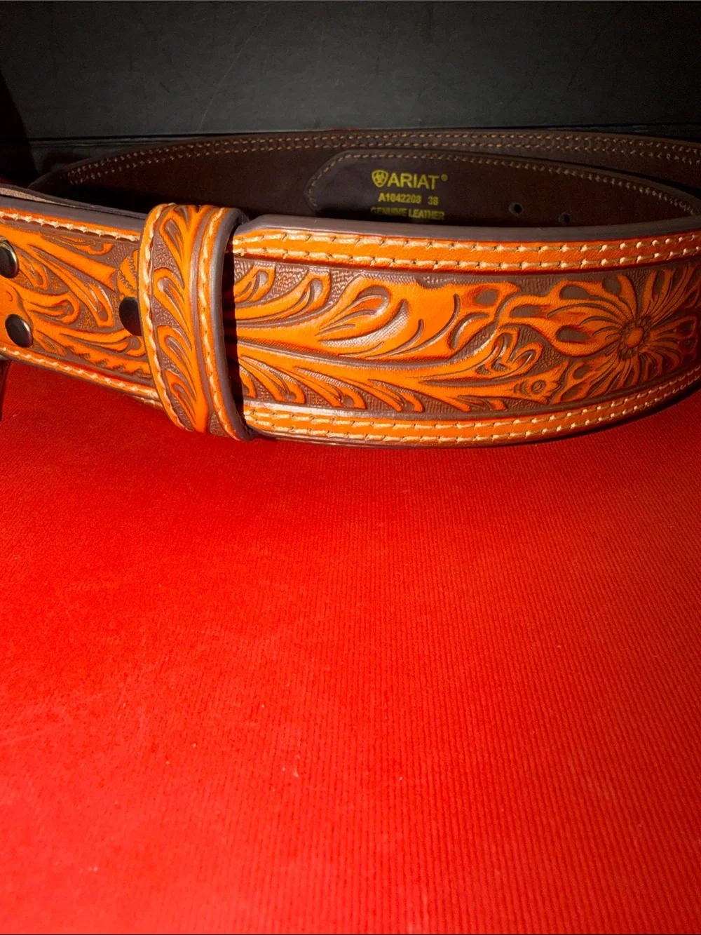NWOT Ariat Brown Tooled Genuine Leather Belt with Silver & Gold Western Buckle - Picture 2 of 12